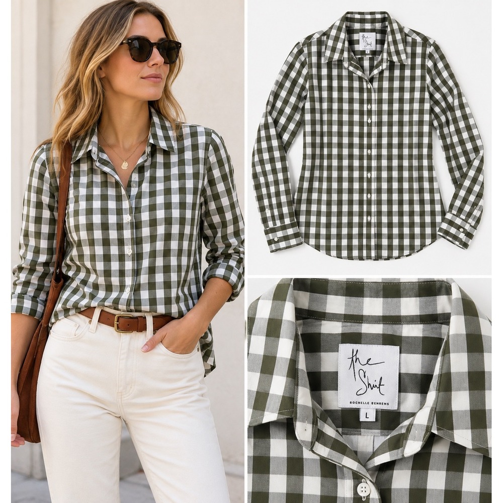 The Shirt by Rochelle Behrens Olive Green Gingham Cotton Button Down Top Large